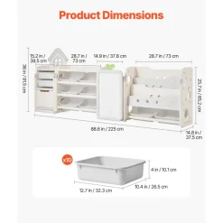 VEVOR Kids Toy Storage with Bookshelf, 4-Tier Large Toy Storage Organizer with 10 Plastic Movable Bins, Kids Cubby Cabinet with Bookshelf and Drawing Board for Study Room, Playroom, Classroom, Nursery