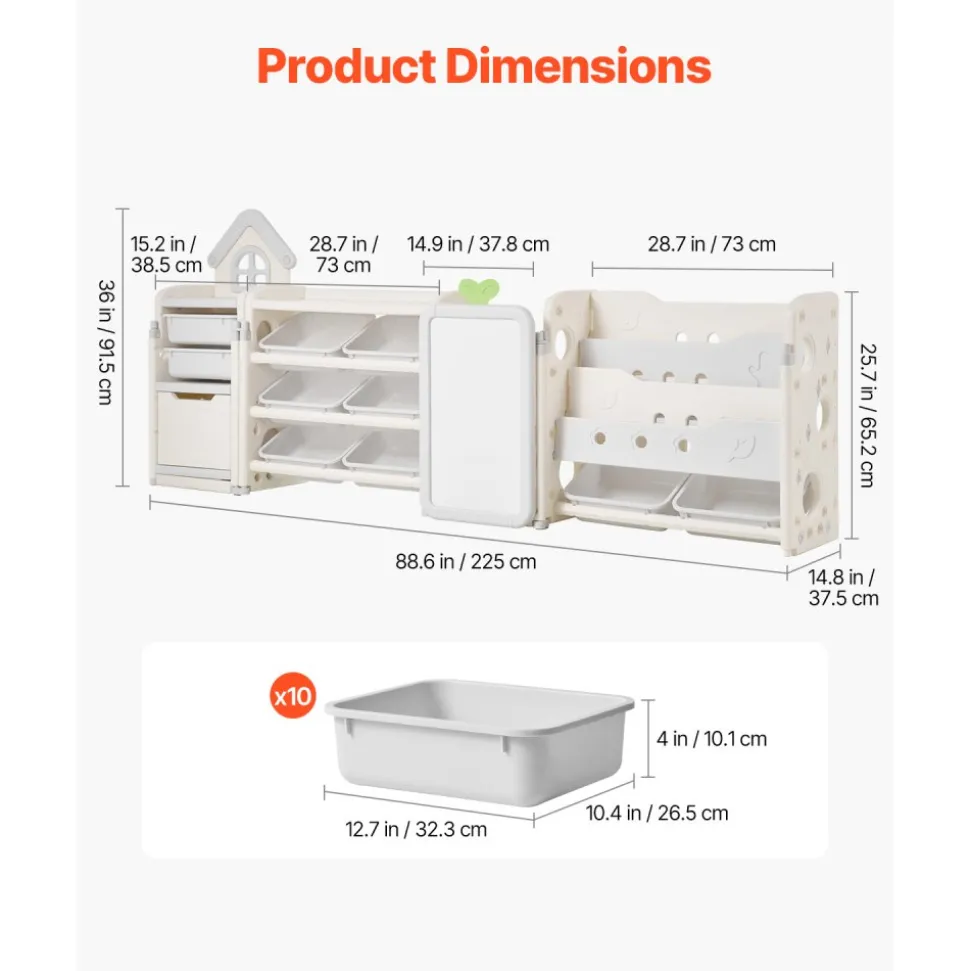 VEVOR Kids Toy Storage with Bookshelf, 4-Tier Large Toy Storage Organizer with 10 Plastic Movable Bins, Kids Cubby Cabinet with Bookshelf and Drawing Board for Study Room, Playroom, Classroom, Nursery