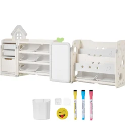 VEVOR Kids Toy Storage with Bookshelf, 4-Tier Large Toy Storage Organizer with 10 Plastic Movable Bins, Kids Cubby Cabinet with Bookshelf and Drawing Board for Study Room, Playroom, Classroom, Nursery