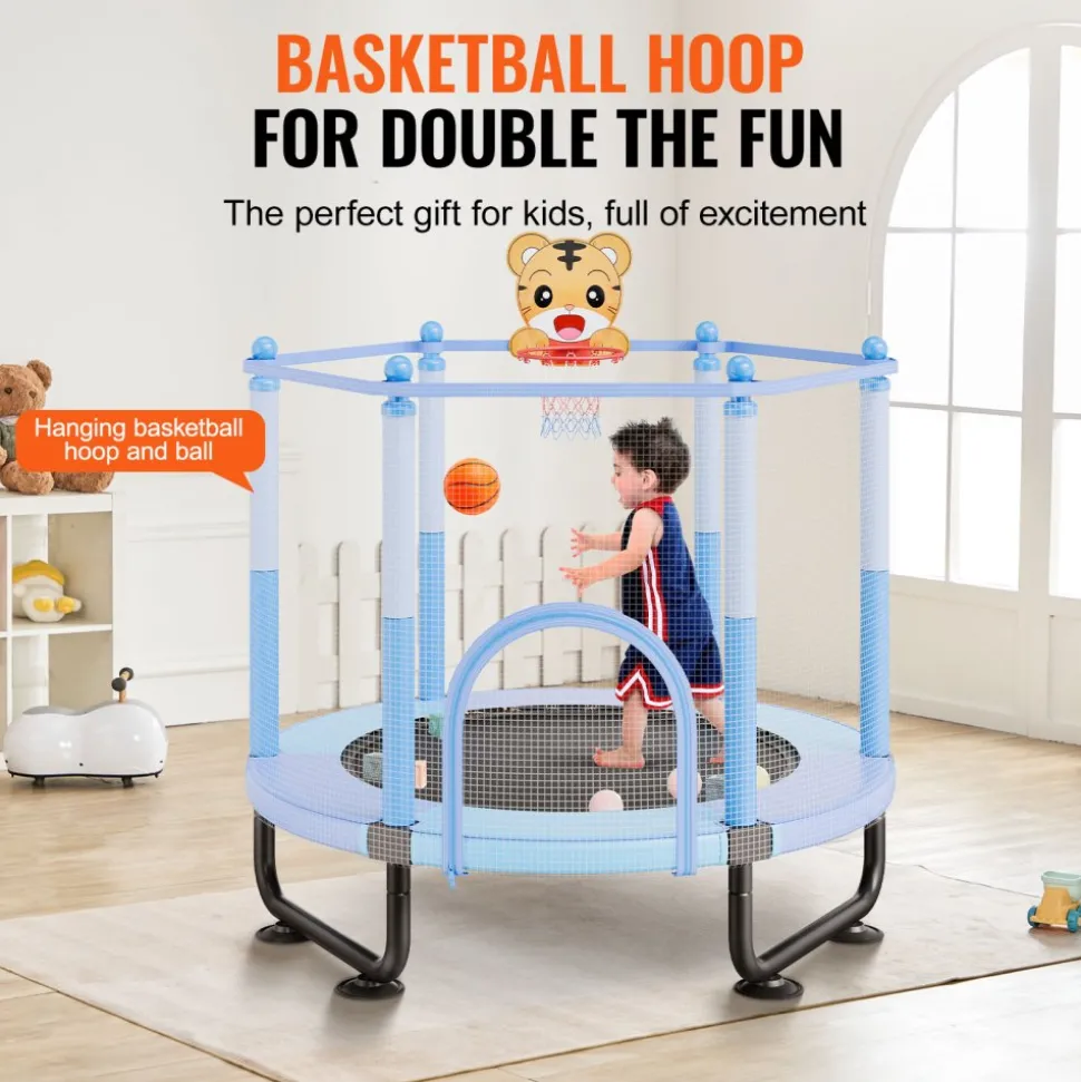 VEVOR 60" Kids Trampoline, 5FT Indoor Outdoor Trampoline, Mini Toddler Recreational Trampolinewith Safety Enclosure Net and Basketball Hoop, Birthday Gifts Christmas Toys for 3+ Years Children, Blue