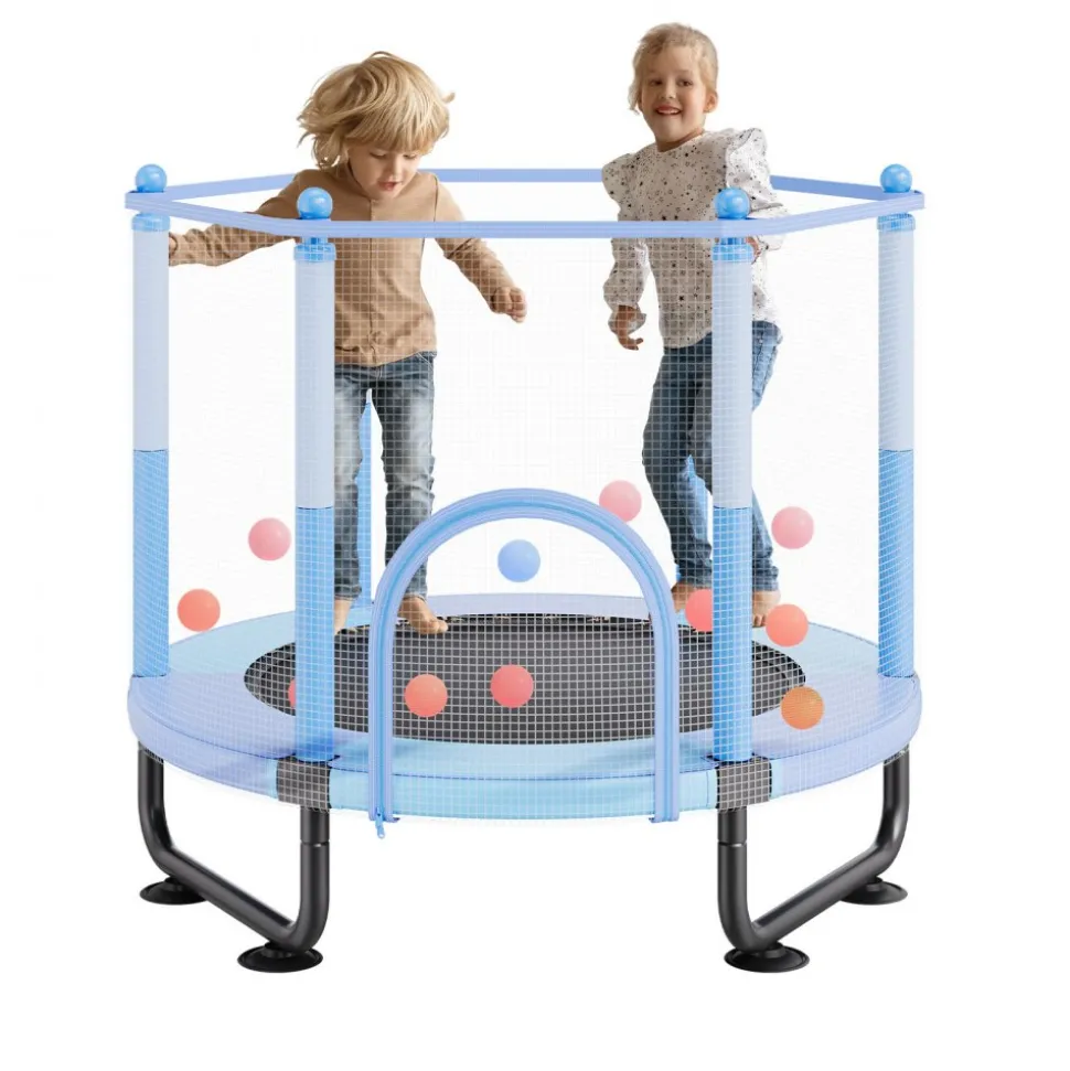 VEVOR 60" Kids Trampoline, 5FT Indoor Outdoor Trampoline, Mini Toddler Recreational Trampolinewith Safety Enclosure Net and Basketball Hoop, Birthday Gifts Christmas Toys for 3+ Years Children, Blue