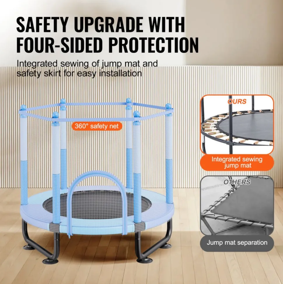 VEVOR 60" Kids Trampoline, 5FT Indoor Outdoor Trampoline, Mini Toddler Recreational Trampolinewith Safety Enclosure Net and Basketball Hoop, Birthday Gifts Christmas Toys for 3+ Years Children, Blue