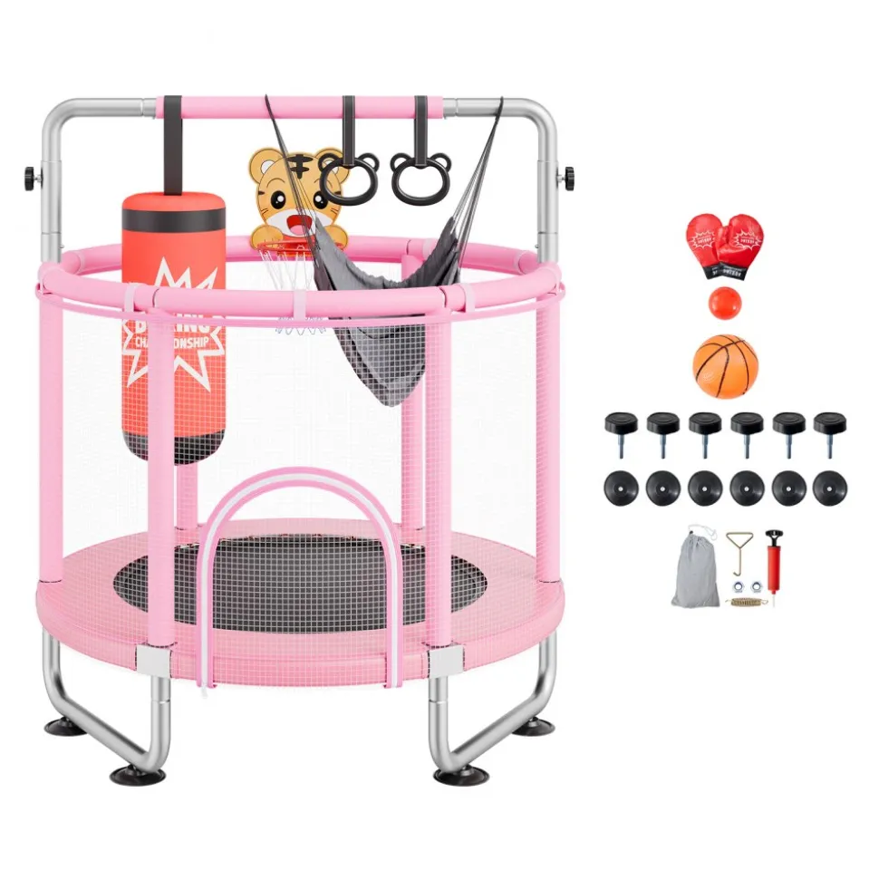 VEVOR 55" Kids Trampoline, 4.6FT Indoor Outdoor Trampoline, Mini Toddler Recreational Trampolinewith Safety Enclosure Net and Basketball Hoop, Birthday Gifts Christmas Toys for 3+ Years Children, Pink