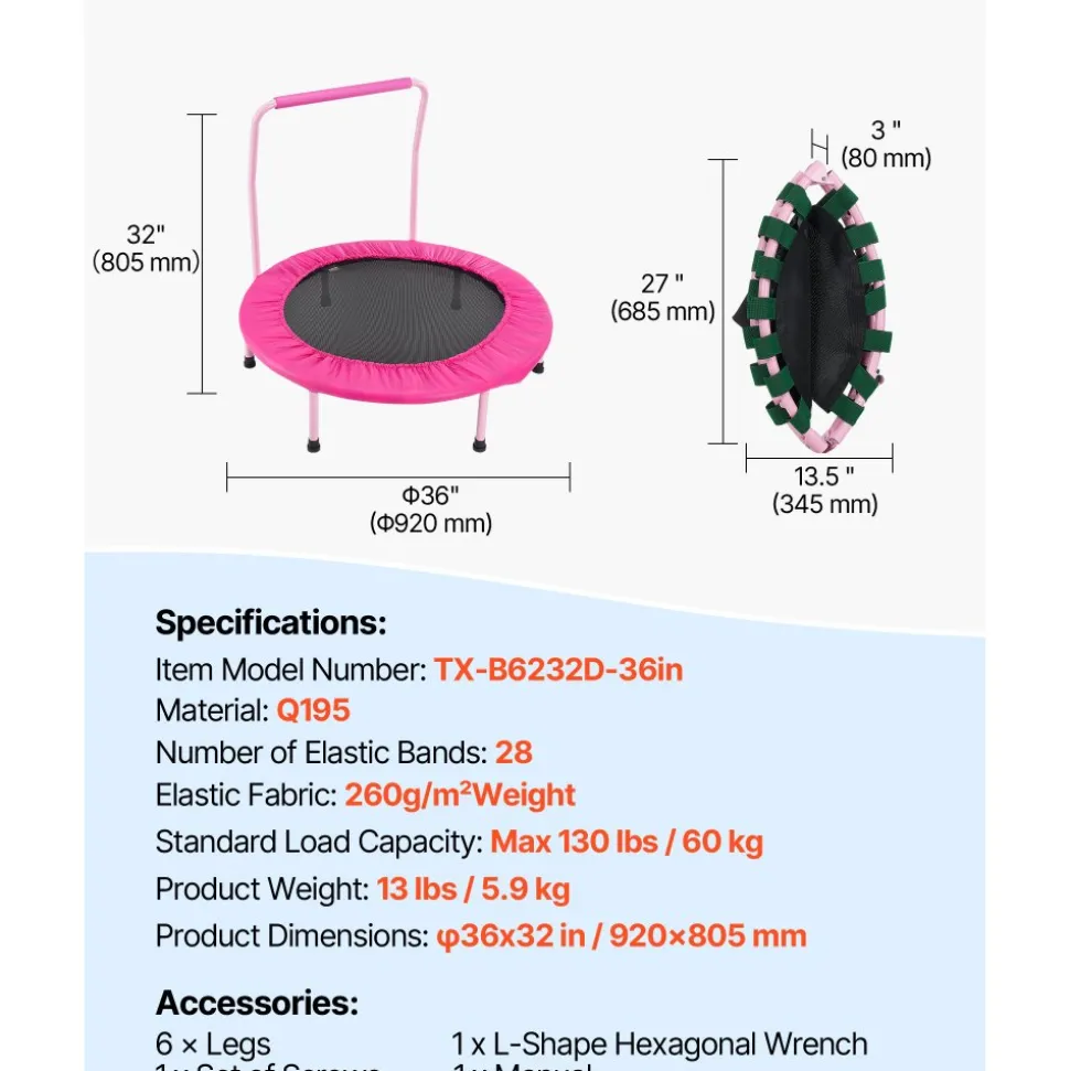 VEVOR 36" Kids Trampoline, 3FT Indoor Outdoor Trampoline, Foldable Mini Trampoline with Handle, Rebounder Trampoline for Toddlers, Birthday Gift for 3+ Years Children, Boys Girls for Fun, Pink