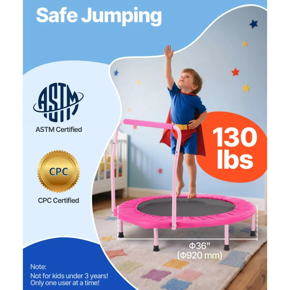 VEVOR 36" Kids Trampoline, 3FT Indoor Outdoor Trampoline, Foldable Mini Trampoline with Handle, Rebounder Trampoline for Toddlers, Birthday Gift for 3+ Years Children, Boys Girls for Fun, Pink