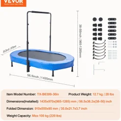 VEVOR Kids Trampoline, 56x36 inch Indoor Outdoor Trampoline, Foldable Mini Trampoline with Handle, Rebounder Trampoline for Toddlers, Birthday Gift for 3+ Years Children, Boys Girls for Fun, Bule