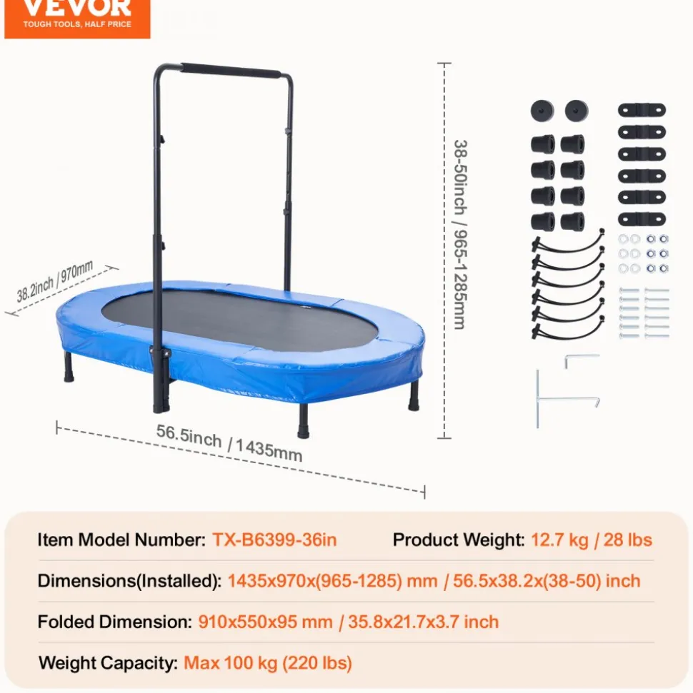 VEVOR Kids Trampoline, 56x36 inch Indoor Outdoor Trampoline, Foldable Mini Trampoline with Handle, Rebounder Trampoline for Toddlers, Birthday Gift for 3+ Years Children, Boys Girls for Fun, Bule