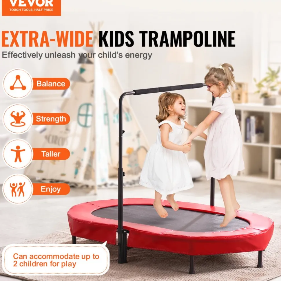VEVOR Kids Trampoline, 56x36 inch Indoor Outdoor Trampoline, Foldable Mini Trampoline with Handle, Rebounder Trampoline for Toddlers, Birthday Gift for 3+ Years Children, Boys Girls for Fun, Red