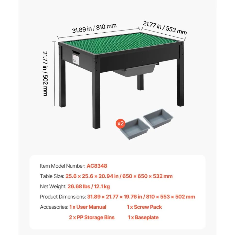 VEVOR Kids Wooden Activity Table, Building Blocks Double-Sided Tabletop, Multi-Purpose Activity Play Table with 2 Storage Bins for Kids 3+ Years, Large Storage Space, Present for Boys & Girls, Black