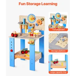 VEVOR Kids Workbench, 62 pcs, Wooden Tool Bench for Kids 3 Years and Up, Toddler Toy Workbench with Realistic Tools, Building Toy Set Creative & Educational Construction Toy for Boys & Girls