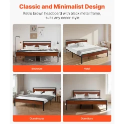VEVOR King Size Bed Frame, 14 Inch Black Metal Platform Bed Frame with Retro Brown Wooden Headboard and Footboard, Large Under-Bed Storage, Non-Slip Without Noise, No Box Spring Needed, Easy Assembly