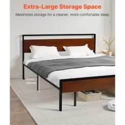VEVOR King Size Bed Frame, 14 Inch Black Metal Platform Bed Frame with Retro Brown Wooden Headboard and Footboard, Large Under-Bed Storage, Non-Slip Without Noise, No Box Spring Needed, Easy Assembly