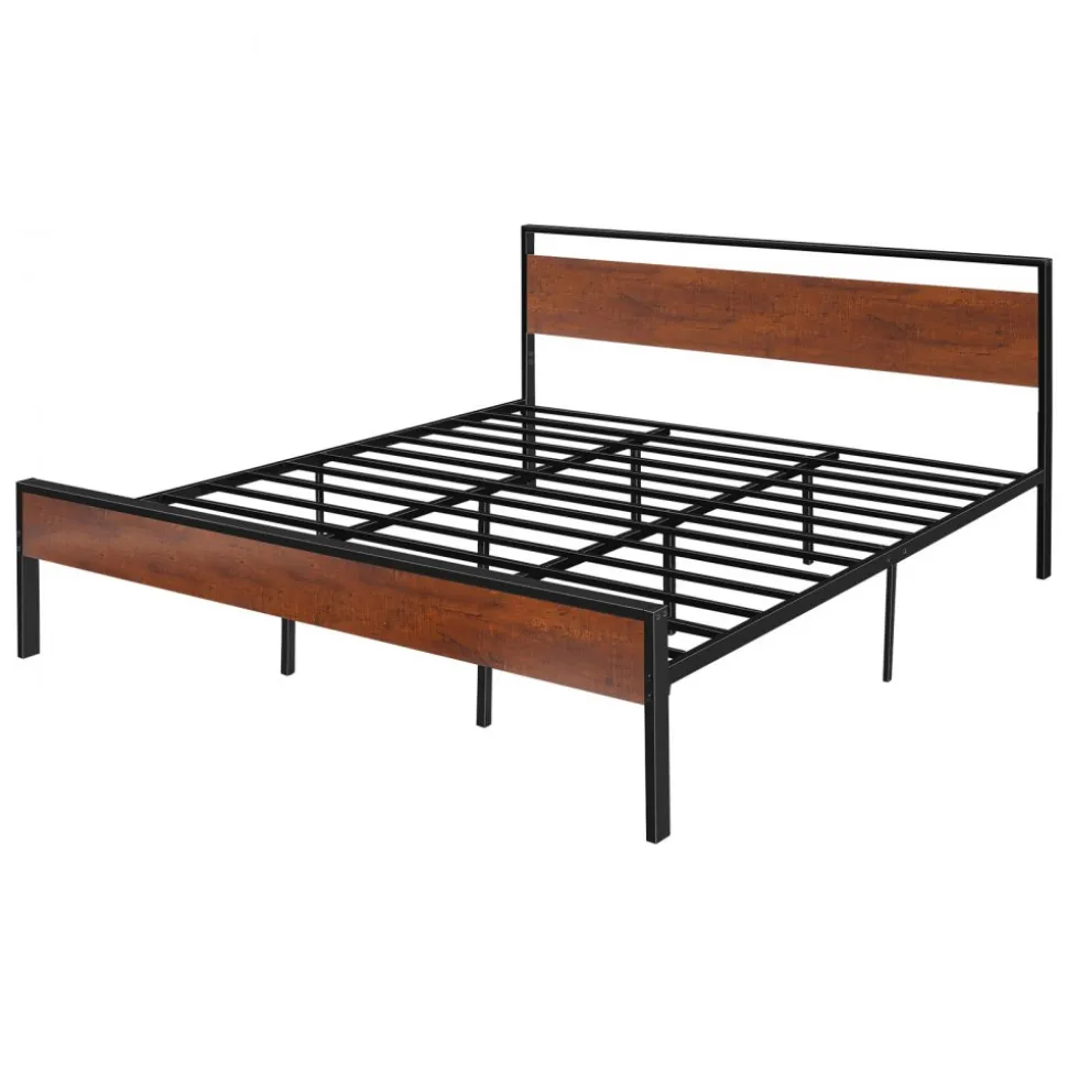VEVOR King Size Bed Frame, 14 Inch Black Metal Platform Bed Frame with Retro Brown Wooden Headboard and Footboard, Large Under-Bed Storage, Non-Slip Without Noise, No Box Spring Needed, Easy Assembly