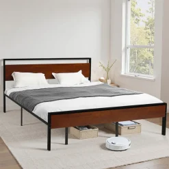 VEVOR King Size Bed Frame, 14 Inch Black Metal Platform Bed Frame with Retro Brown Wooden Headboard and Footboard, Large Under-Bed Storage, Non-Slip Without Noise, No Box Spring Needed, Easy Assembly