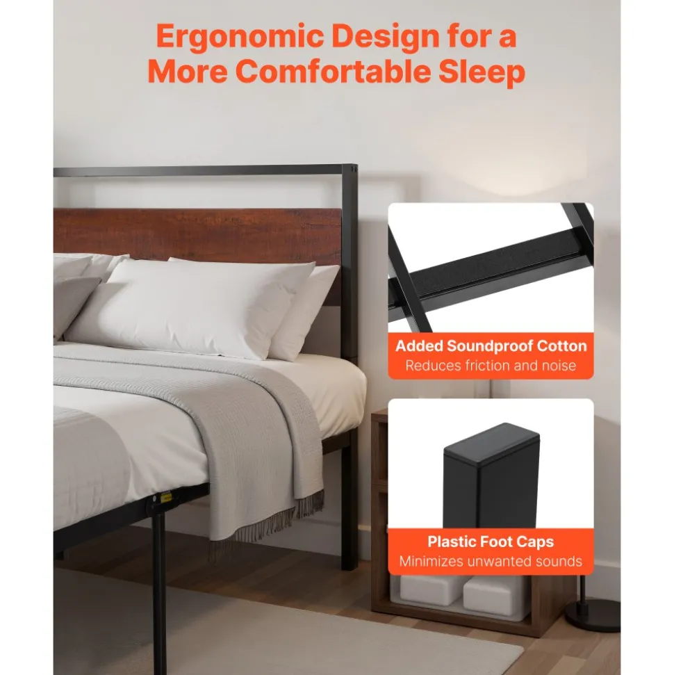 VEVOR King Size Bed Frame, 14 Inch Black Metal Platform Bed Frame with Retro Brown Wooden Headboard and Footboard, Large Under-Bed Storage, Non-Slip Without Noise, No Box Spring Needed, Easy Assembly