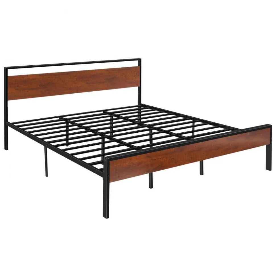 VEVOR King Size Bed Frame, 14 Inch Black Metal Platform Bed Frame with Retro Brown Wooden Headboard and Footboard, Large Under-Bed Storage, Non-Slip Without Noise, No Box Spring Needed, Easy Assembly