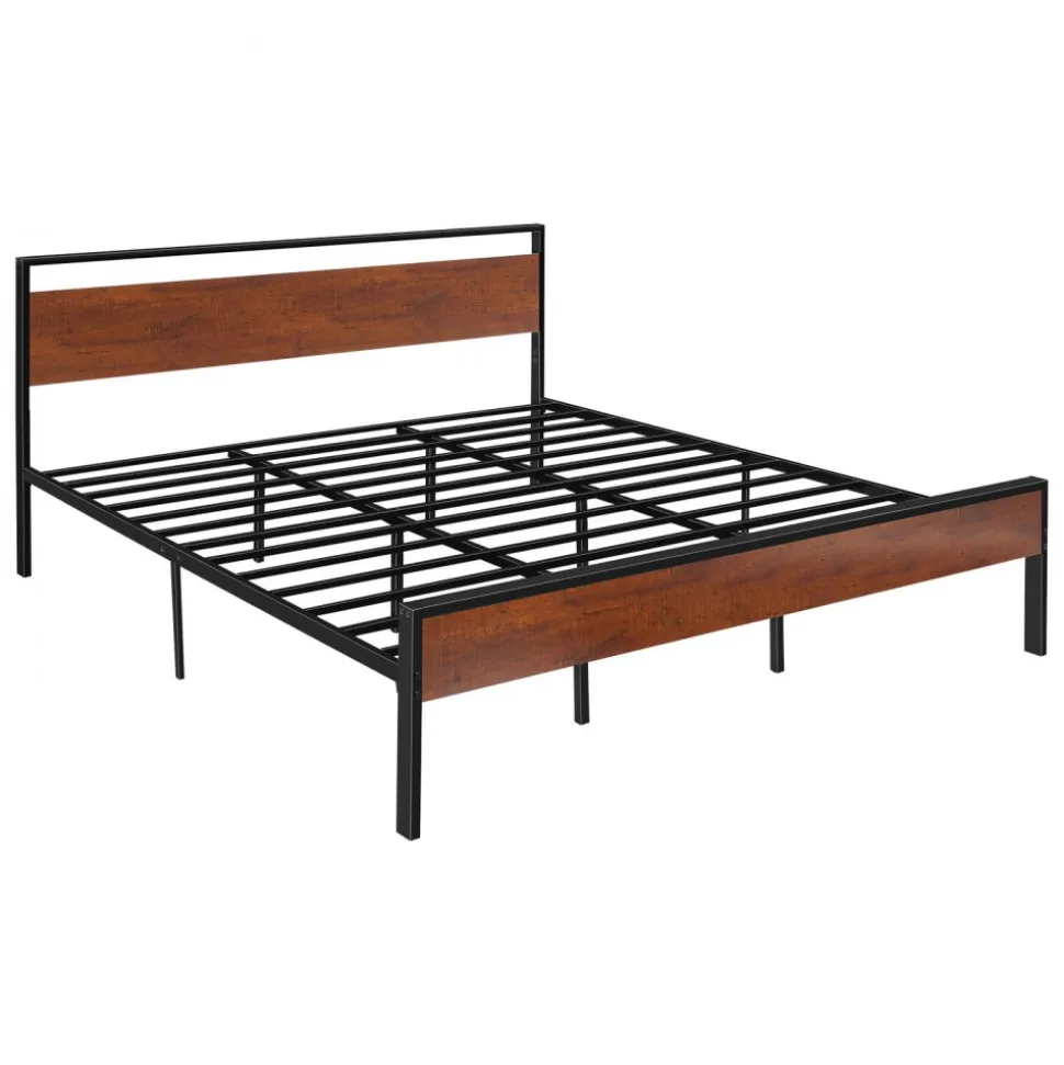 VEVOR King Size Bed Frame, 14 Inch Black Metal Platform Bed Frame with Retro Brown Wooden Headboard and Footboard, Large Under-Bed Storage, Non-Slip Without Noise, No Box Spring Needed, Easy Assembly