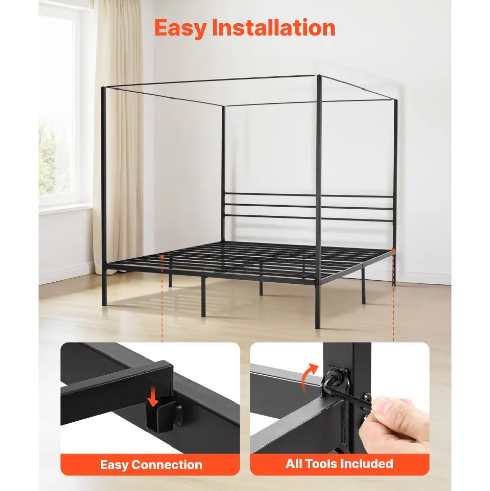 VEVOR King Size Canopy Bed Frame, Metal Canopy Bed with Four Posters Design, Heavy Duty Steel Slats Support, Underbed Storage Space, No Box Spring Needed, Easy Assembly, Black
