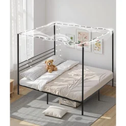 VEVOR King Size Canopy Bed Frame, Metal Canopy Bed with Four Posters Design, Heavy Duty Steel Slats Support, Underbed Storage Space, No Box Spring Needed, Easy Assembly, Black