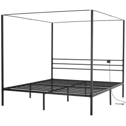 VEVOR King Size Canopy Bed Frame, Metal Canopy Bed with Charging Station and Four Posters Design, Heavy Duty Steel Slats Support, Underbed Storage Space, No Box Spring Needed, Easy Assembly, Black