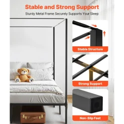 VEVOR King Size Canopy Bed Frame, Metal Canopy Bed with Charging Station and Four Posters Design, Heavy Duty Steel Slats Support, Underbed Storage Space, No Box Spring Needed, Easy Assembly, Black