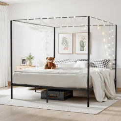 VEVOR King Size Canopy Bed Frame, Metal Canopy Bed with Charging Station and Four Posters Design, Heavy Duty Steel Slats Support, Underbed Storage Space, No Box Spring Needed, Easy Assembly, Black