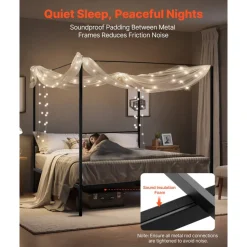 VEVOR King Size Canopy Bed Frame, Metal Canopy Bed with Charging Station and Four Posters Design, Heavy Duty Steel Slats Support, Underbed Storage Space, No Box Spring Needed, Easy Assembly, Black
