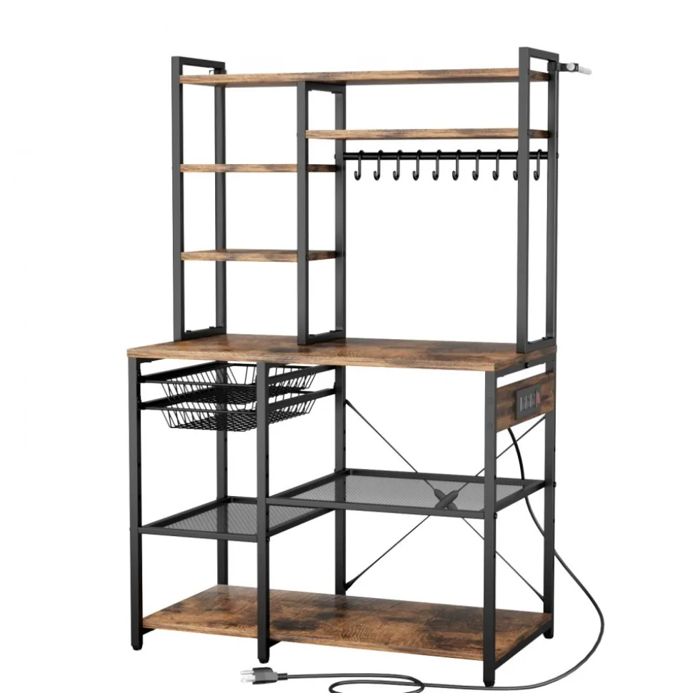 VEVOR Kitchen Bakers Rack, 5 ft Power Cable Bakers Rack with Power Outlet, Kitchen Stand with X-Shaped Support Bar, 10 S-Shaped Hooks, Coffee Bar Stand for Dishes, Spice Bottles, Built-In Power Strip