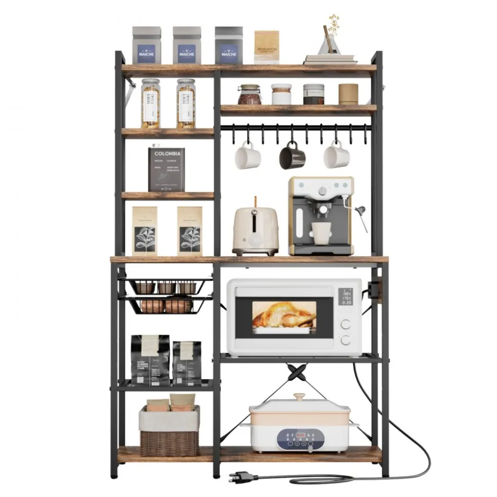 VEVOR Kitchen Bakers Rack, 5 ft Power Cable Bakers Rack with Power Outlet, Kitchen Stand with X-Shaped Support Bar, 10 S-Shaped Hooks, Coffee Bar Stand for Dishes, Spice Bottles, Built-In Power Strip