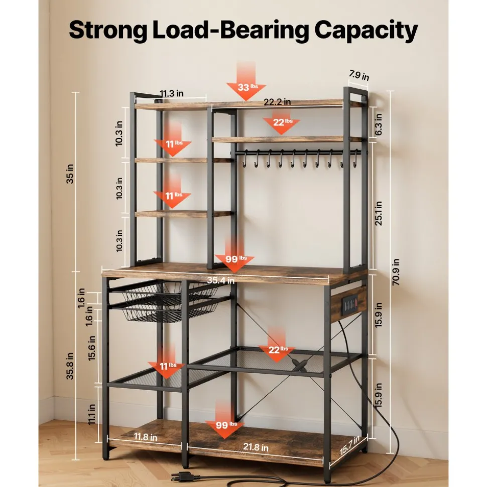 VEVOR Kitchen Bakers Rack, 5 ft Power Cable Bakers Rack with Power Outlet, Kitchen Stand with X-Shaped Support Bar, 10 S-Shaped Hooks, Coffee Bar Stand for Dishes, Spice Bottles, Built-In Power Strip