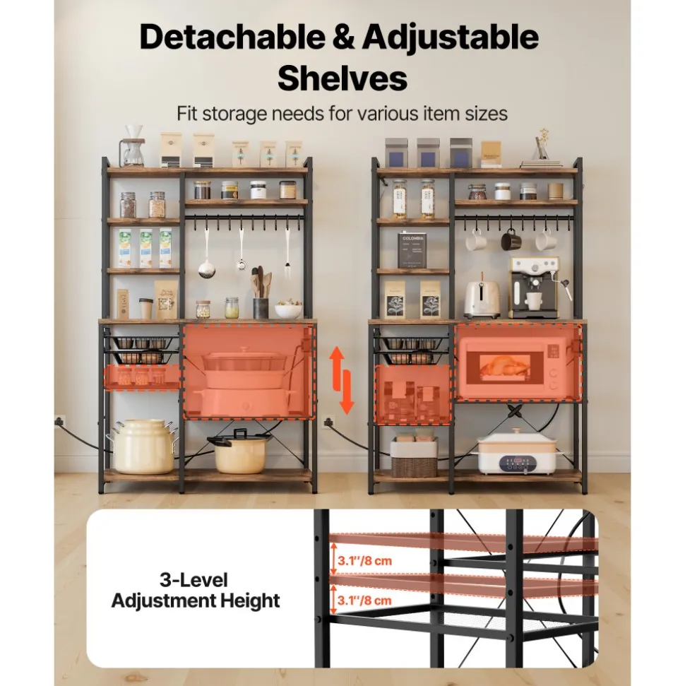 VEVOR Kitchen Bakers Rack, 5 ft Power Cable Bakers Rack with Power Outlet, Kitchen Stand with X-Shaped Support Bar, 10 S-Shaped Hooks, Coffee Bar Stand for Dishes, Spice Bottles, Built-In Power Strip