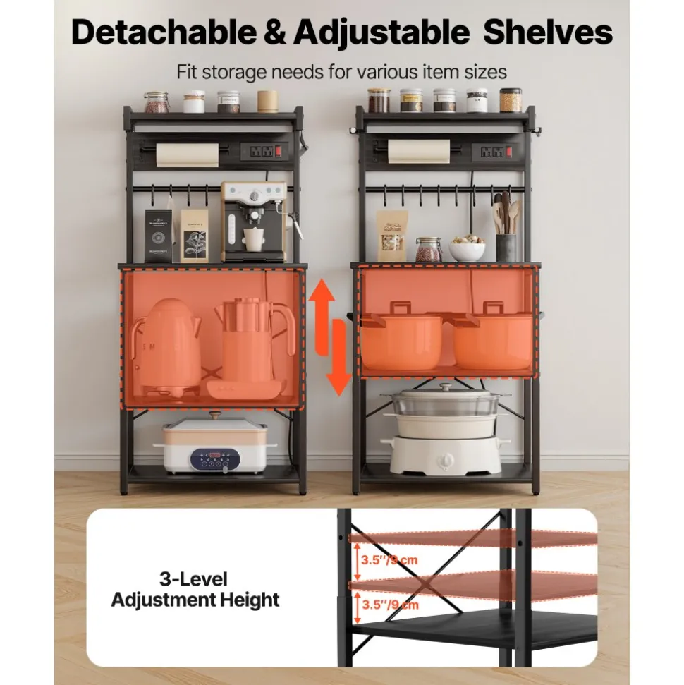 VEVOR Kitchen Bakers Rack, 5 ft Power Cable Bakers Rack with Power Outlet, Kitchen Stand with X-Shaped Support Bar, 12 S-Shaped Hooks, Coffee Bar Stand for Dishes, Spice Bottles, Built-In Power Strip