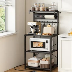 VEVOR Kitchen Bakers Rack, 5 ft Power Cable Bakers Rack with Power Outlet, Kitchen Stand with X-Shaped Support Bar, 12 S-Shaped Hooks, Coffee Bar Stand for Dishes, Spice Bottles, Built-In Power Strip