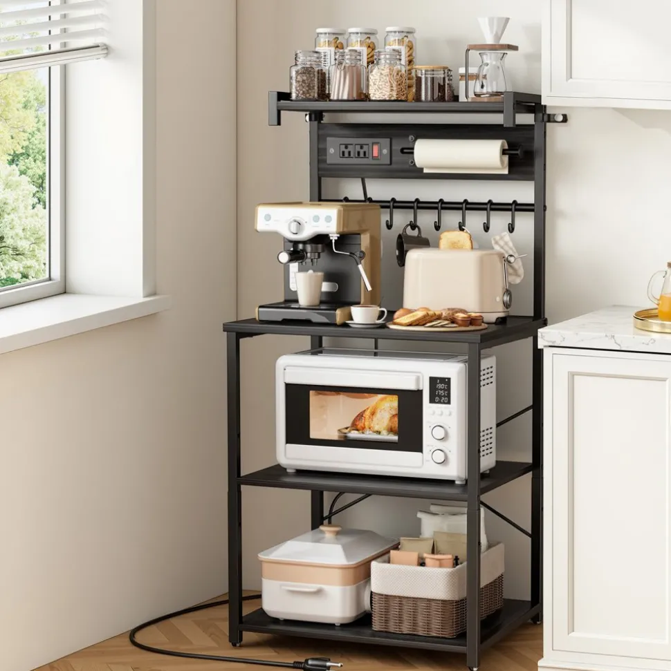 VEVOR Kitchen Bakers Rack, 5 ft Power Cable Bakers Rack with Power Outlet, Kitchen Stand with X-Shaped Support Bar, 12 S-Shaped Hooks, Coffee Bar Stand for Dishes, Spice Bottles, Built-In Power Strip