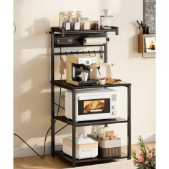 VEVOR Kitchen Bakers Rack, 5 ft Power Cable Bakers Rack with Power Outlet, Kitchen Stand with X-Shaped Support Bar, 12 S-Shaped Hooks, Coffee Bar Stand for Dishes, Spice Bottles, Built-In Power Strip