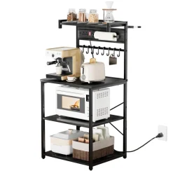 VEVOR Kitchen Bakers Rack, 5 ft Power Cable Bakers Rack with Power Outlet, Kitchen Stand with X-Shaped Support Bar, 12 S-Shaped Hooks, Coffee Bar Stand for Dishes, Spice Bottles, Built-In Power Strip