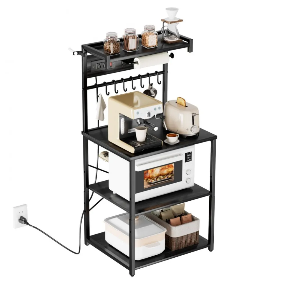 VEVOR Kitchen Bakers Rack, 5 ft Power Cable Bakers Rack with Power Outlet, Kitchen Stand with X-Shaped Support Bar, 12 S-Shaped Hooks, Coffee Bar Stand for Dishes, Spice Bottles, Built-In Power Strip