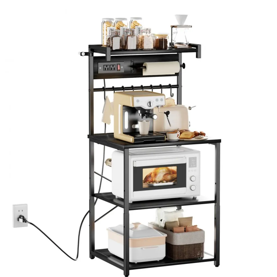 VEVOR Kitchen Bakers Rack, 5 ft Power Cable Bakers Rack with Power Outlet, Kitchen Stand with X-Shaped Support Bar, 12 S-Shaped Hooks, Coffee Bar Stand for Dishes, Spice Bottles, Built-In Power Strip