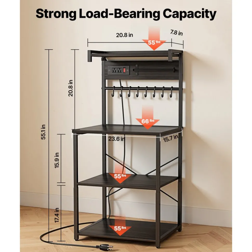 VEVOR Kitchen Bakers Rack, 5 ft Power Cable Bakers Rack with Power Outlet, Kitchen Stand with X-Shaped Support Bar, 12 S-Shaped Hooks, Coffee Bar Stand for Dishes, Spice Bottles, Built-In Power Strip