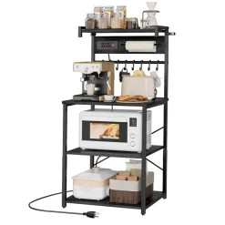 VEVOR Kitchen Bakers Rack, 5 ft Power Cable Bakers Rack with Power Outlet, Kitchen Stand with X-Shaped Support Bar, 12 S-Shaped Hooks, Coffee Bar Stand for Dishes, Spice Bottles, Built-In Power Strip