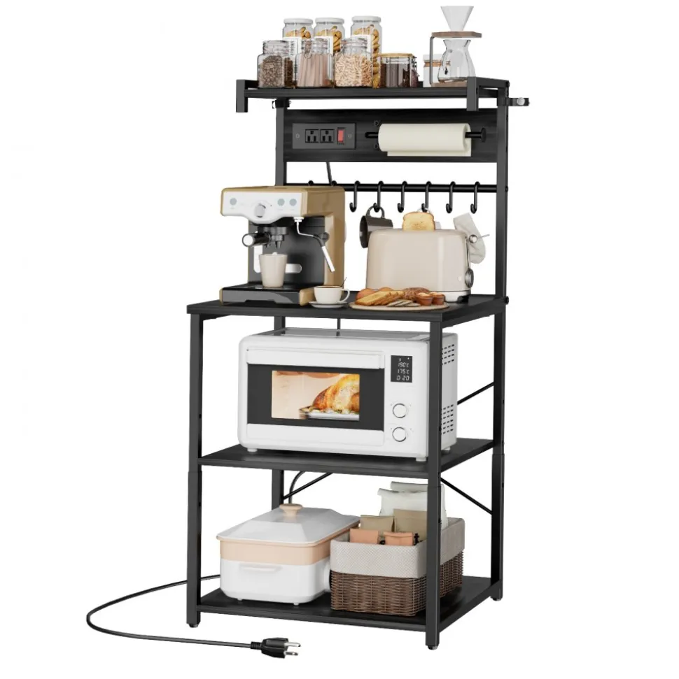 VEVOR Kitchen Bakers Rack, 5 ft Power Cable Bakers Rack with Power Outlet, Kitchen Stand with X-Shaped Support Bar, 12 S-Shaped Hooks, Coffee Bar Stand for Dishes, Spice Bottles, Built-In Power Strip