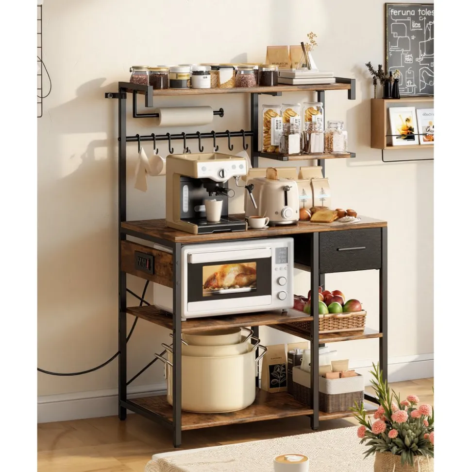 VEVOR Kitchen Bakers Rack, 4.6ft Power Cable Bakers Rack with Power Outlet, Kitchen Stand with X-Shaped Support Bar, 8 S-Shaped Hooks, Coffee Bar Stand for Dishes, Spice Bottles, Built-In Power Strip