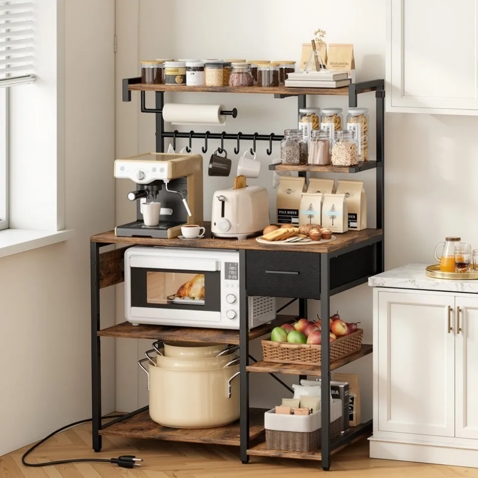 VEVOR Kitchen Bakers Rack, 4.6ft Power Cable Bakers Rack with Power Outlet, Kitchen Stand with X-Shaped Support Bar, 8 S-Shaped Hooks, Coffee Bar Stand for Dishes, Spice Bottles, Built-In Power Strip