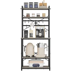 VEVOR Kitchen Bakers Rack, 23.6 inch Width Bakers Rack, Kitchen Stand with X-Shaped Support Bar, 12 S-Shaped Hooks, Double-Layer Top Shelf, Coffee Bar Stand for Dishes & Bowls, Spice Bottles