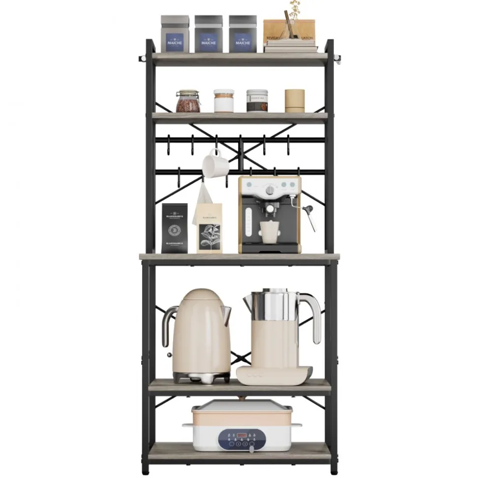 VEVOR Kitchen Bakers Rack, 23.6 inch Width Bakers Rack, Kitchen Stand with X-Shaped Support Bar, 12 S-Shaped Hooks, Double-Layer Top Shelf, Coffee Bar Stand for Dishes & Bowls, Spice Bottles