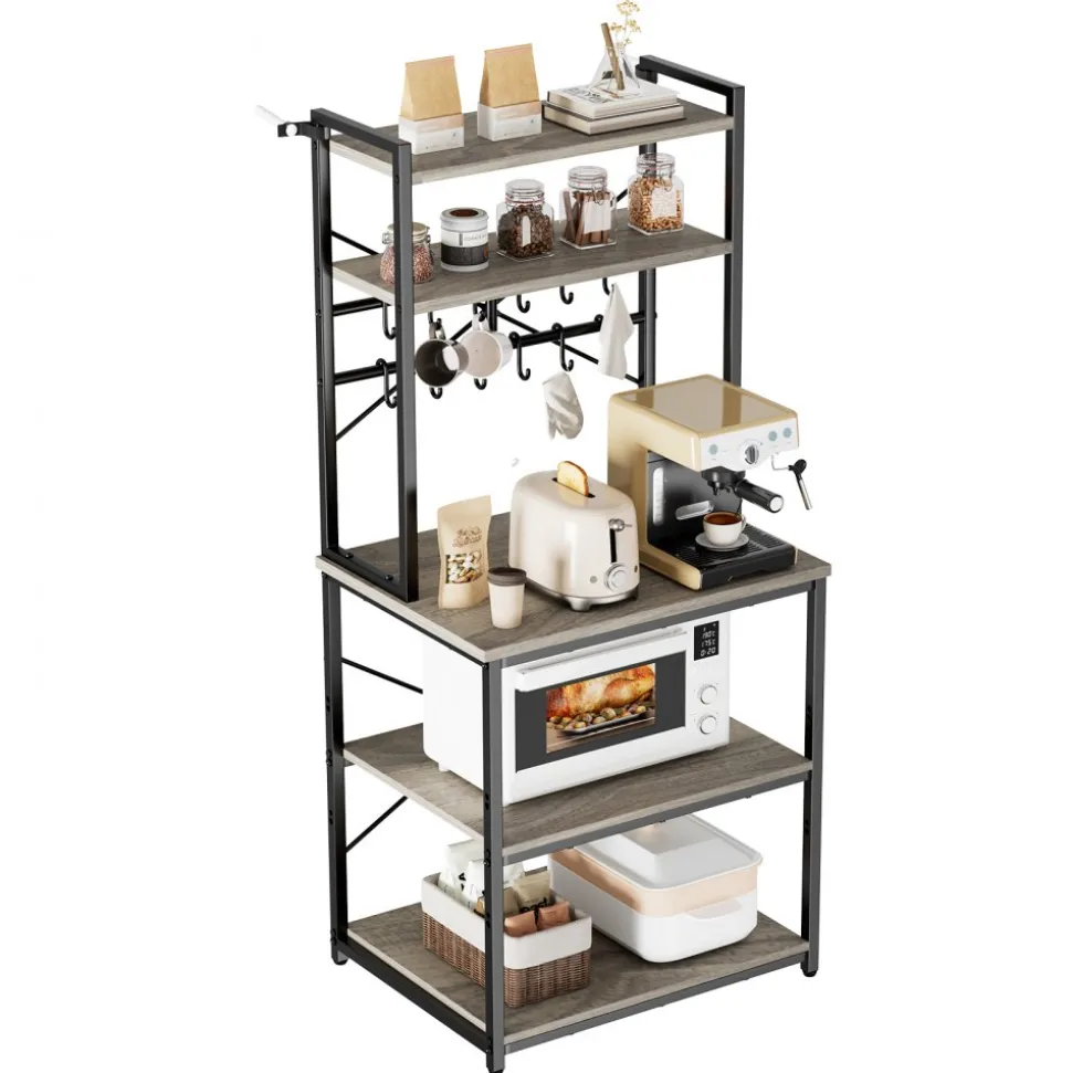 VEVOR Kitchen Bakers Rack, 23.6 inch Width Bakers Rack, Kitchen Stand with X-Shaped Support Bar, 12 S-Shaped Hooks, Double-Layer Top Shelf, Coffee Bar Stand for Dishes & Bowls, Spice Bottles