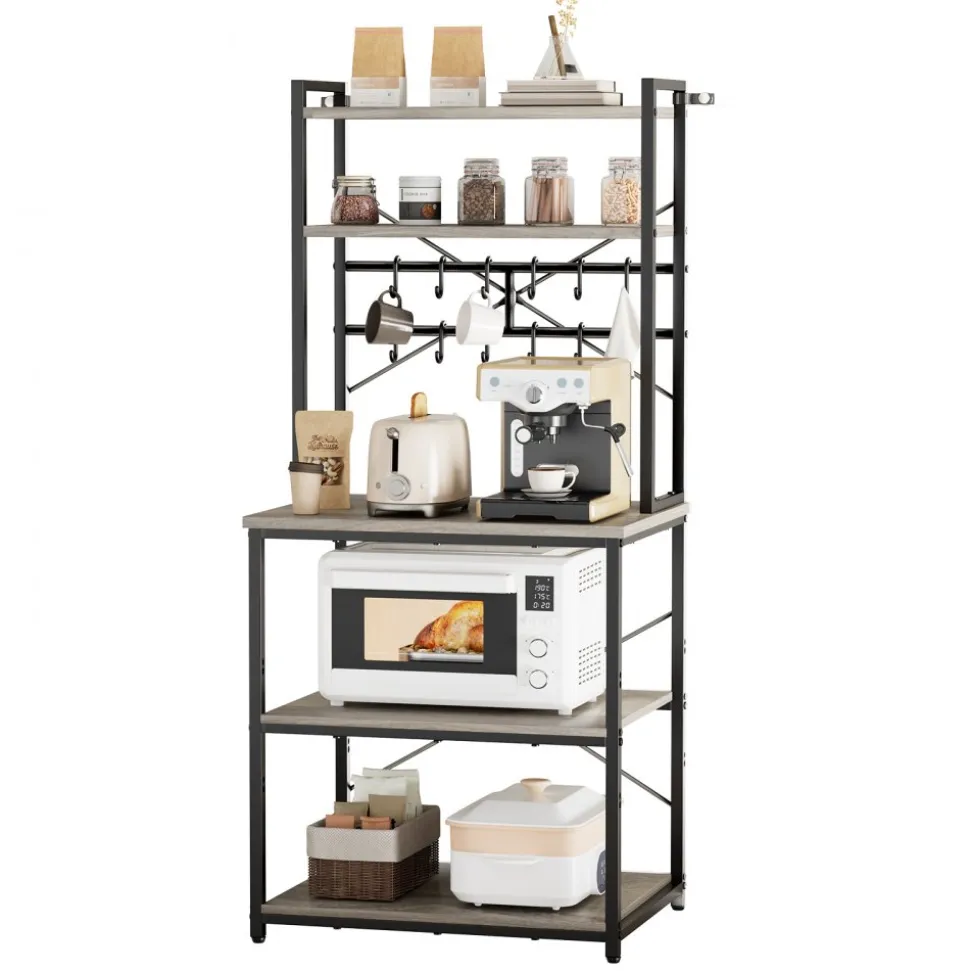 VEVOR Kitchen Bakers Rack, 23.6 inch Width Bakers Rack, Kitchen Stand with X-Shaped Support Bar, 12 S-Shaped Hooks, Double-Layer Top Shelf, Coffee Bar Stand for Dishes & Bowls, Spice Bottles