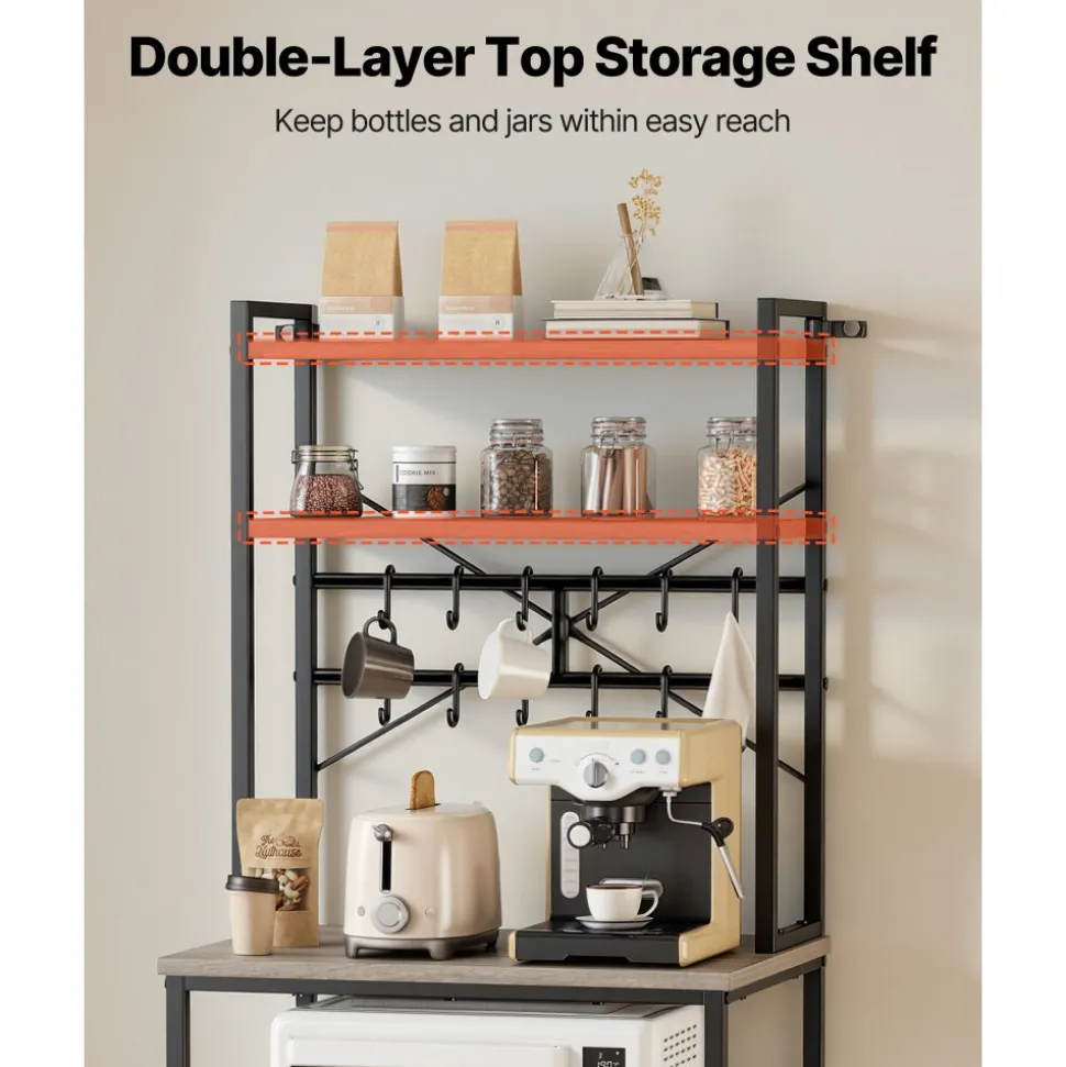 VEVOR Kitchen Bakers Rack, 23.6 inch Width Bakers Rack, Kitchen Stand with X-Shaped Support Bar, 12 S-Shaped Hooks, Double-Layer Top Shelf, Coffee Bar Stand for Dishes & Bowls, Spice Bottles
