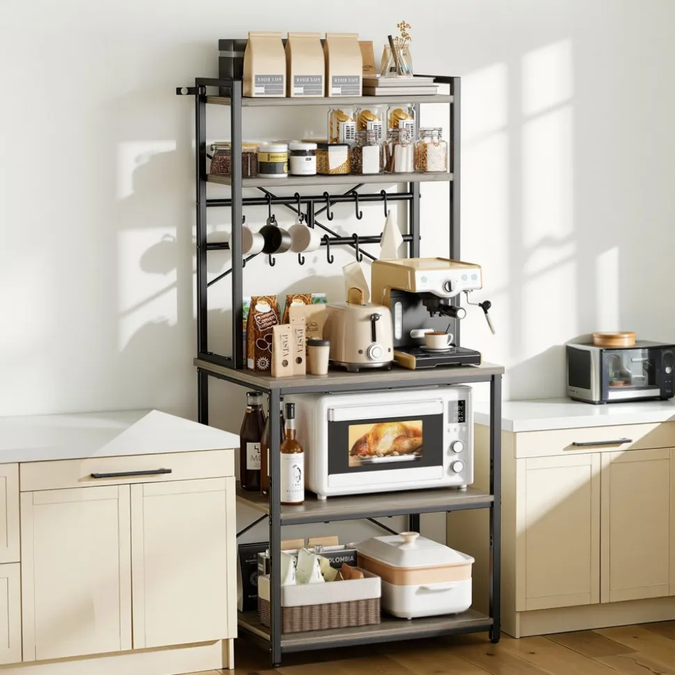 VEVOR Kitchen Bakers Rack, 23.6 inch Width Bakers Rack, Kitchen Stand with X-Shaped Support Bar, 12 S-Shaped Hooks, Double-Layer Top Shelf, Coffee Bar Stand for Dishes & Bowls, Spice Bottles