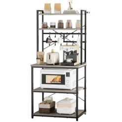 VEVOR Kitchen Bakers Rack, 23.6 inch Width Bakers Rack, Kitchen Stand with X-Shaped Support Bar, 12 S-Shaped Hooks, Double-Layer Top Shelf, Coffee Bar Stand for Dishes & Bowls, Spice Bottles